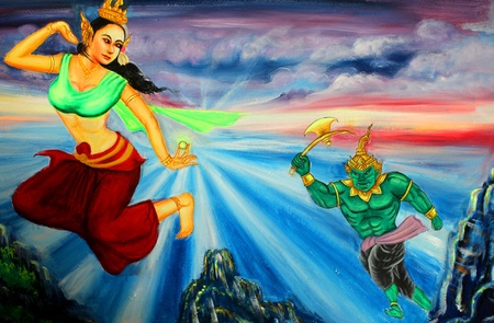 Mural of famous local Thai literature at Wat Ban Yang in Borabue province north-east of Thailand.