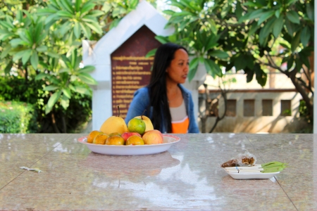 Fresh fruits and cigarettes for worshipping the shrine of city pillar on DECEMBER 12, 2012 at Muang, Mahasarakham, Thailand.のeditorial素材