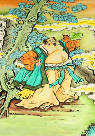 Chinese painting on wall at Wang Kruud Shrine on May 15, 2011 at Satuk, Buriram, Thailand.のeditorial素材