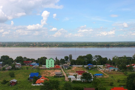 MUKDAHAN, THAILAND - JUNE 6 : View of Mukdahan land and house area at afternoon on June 6, 2013 in Mukdahan, Thailand. Mukdahan is also  city of Thai - Lao P.D.R. border business center, view from Mukdahan Tower. のeditorial素材