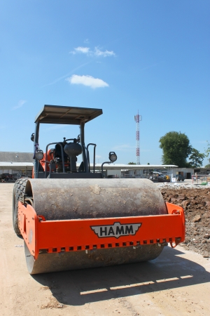 BURIRAM - NOVEMBER 2   Road roller is stopped to take a rest on building site at Taweekit plaza  on...