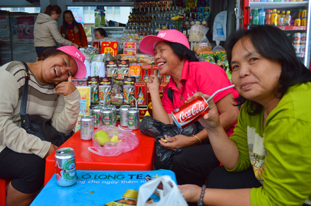 HUE, VIETNAM - MARCH 15   Tourists are relax  drinking soft drink and beer at Dong Ba market on March 15, 2014 in Hue, Vietnam  Dong Ba is the biggest market in Hue, Vietnam のeditorial素材