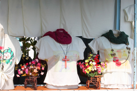 KANCHANABURI - JANUARY 23   Clothes and souvenirs are shown for sale at market zone of The Bridge of the River Kwai on January 23, 2014 in Kanchanaburi, Thailand  のeditorial素材