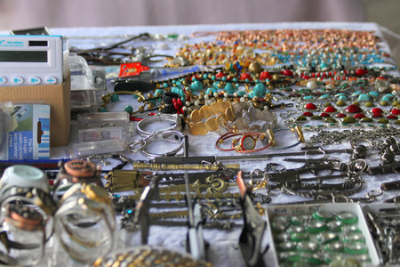 KANCHANABURI - JANUARY 23   Jewelry accessories and souvenirs are shown for sale at market zone of The Bridge of the River Kwai on January 23, 2014 in Kanchanaburi, Thailand  のeditorial素材