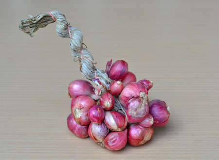 shallot onions in a group on wood tableの写真素材