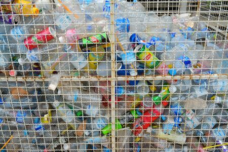 MAHASARAKHAM - APRIL 9 : Recycled plastic bottles bin in Sarakham Pitayakom School on April 9, 2015 in Mahasarakham, Thailand.のeditorial素材