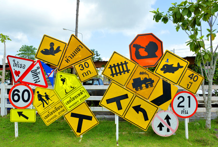 WANG NAM KHIAO KORAT  NOVEMBER 9 : Telling way signs are decorated in front of Local Highway Office on November 9 2014 in Wang Nam Khiao KoratThailand.のeditorial素材