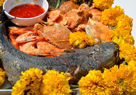 food offerings for the gods and ghosts of Thai traditional cultureの写真素材