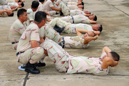 MAHASARAKHAM - JULY 5 : Members of Volunteer Defense Corps are annual physical fitness tested at provincial city hall on July 5, 2016 in Mahasarakham, Thailand.のeditorial素材