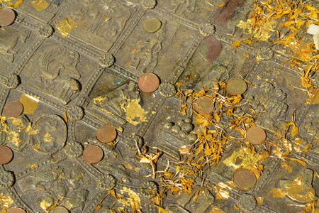 Closed up of Buddha's Footprint at Mahachai Temple in Mahasarakham of Thailandの写真素材