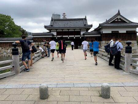 Hiroshima, Japan - August 22, 2019 : Tourists visit Hiroshima castle, the sightseeing famous place in city on August 22, 2019 in Hiroshima, Japan.のeditorial素材