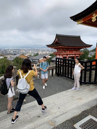 Kyoto, Japan - August 24, 2019 : Tourists visit Kiyomizu-dera Temple historic monuments of ancient Kyoto on August 24, 2019 in Kyoto, Japan.のeditorial素材