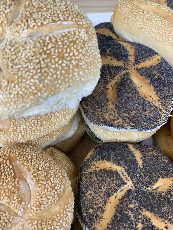 Baked bread topping with sesame seeds in restaurant