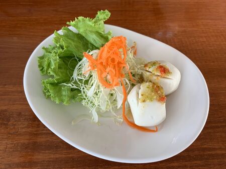 Fish meat ball in buffet meal restaurantの写真素材