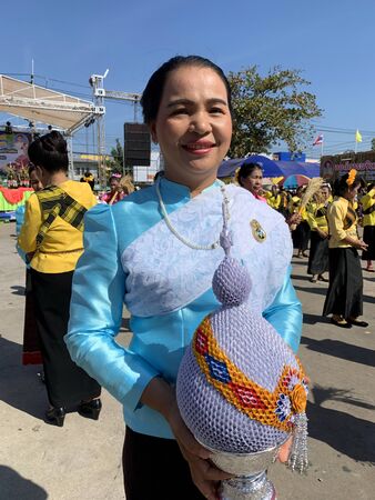MAHA SARAKHAM, THAILAND - DECEMBER 19, 2019 : Local dancers prepare for One Tambon One Product (OTOP) exhibition grand opening on December 19, 2019 in Payakkaphum Phisai, Maha sarakham, Thailand.のeditorial素材