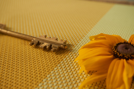 Yellow sunflower and brass key on two toned woven yellow textile placed side by side on different...