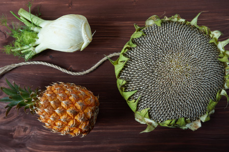 Pineapple, fennel and sunflower head on a brown rustic wood background in a healthy nutritious diet conceptの写真素材
