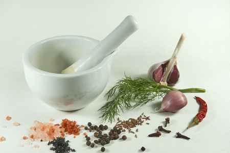White ceramic mortar and pestle fresh dill garlic cumin seeds Himalayan pink salt Hawaii red aloes salt Hawaii black pearl salt cloves chili pepper black pepper isolated on white backgroundの写真素材