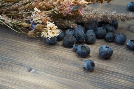 Fresh blueberries and dry flowers bouquet on wooden rustic board with low angle selective focus and copy spaceの写真素材