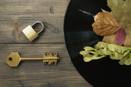 Brass padlock and golden key next to vintage vinyl record on rustic wood background access to audio files concept with free copy spaceの写真素材