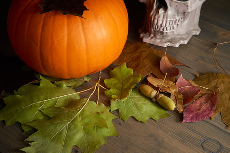 Halloween pumpkin autumn leaves and skull on old rustic wood table with free copy spaceの写真素材