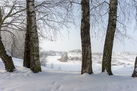 Frozen snow covered river in a winter landscape with sunburst through the clouds back lighting reeds on the bankの写真素材