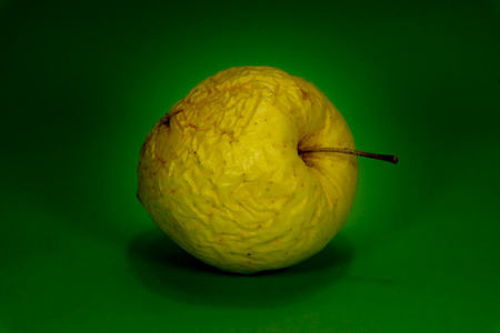 Old withered fresh apple in close-up on green background. Concept of healthcare, plastic surgery, treatment, research and medicineの写真素材