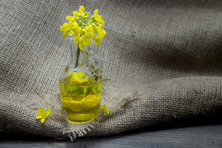 Yellow canola or rapeseed flowers with a small glass decanter of oil on a rustic table with hessian sackの写真素材