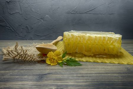 Fresh block of honey comb with honey oozing onto the mat below with a wooden spoon and colorful yellow evening primrose flower, copy space on grey backgroundの写真素材