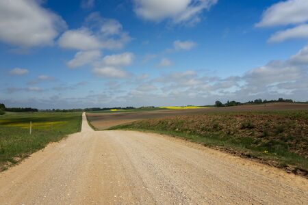 Gravel country road through farm fields and meadow in a spring landscape under a cloudy blue skyの写真素材