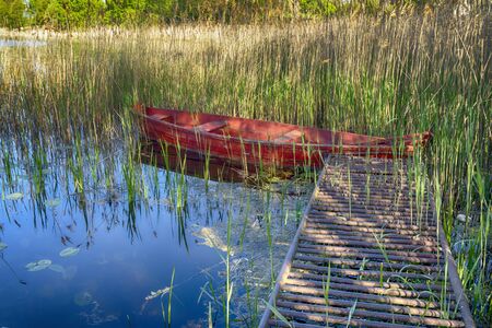 Wooden red rowboat moored to a rustic jetty on a lake amongst reeds and water lilies in a scenic rural landscapeの写真素材