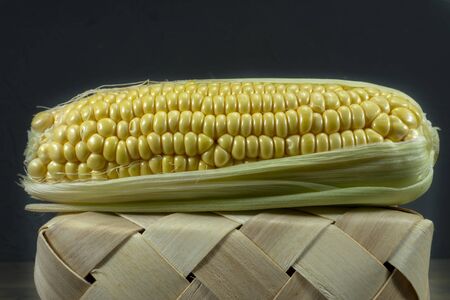Fresh sweetcorn cob on a tipped wicker basket. Black wall in background, low angle viewの写真素材