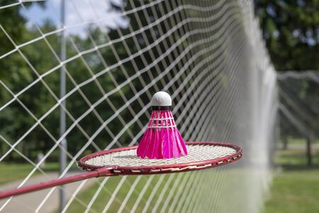 Pink feathered shuttlecock on racket with a badminton netの写真素材