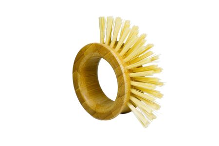Full circle bamboo dish brush isolated on white backgroundの写真素材