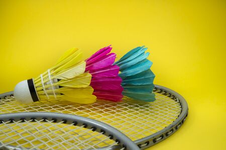 Colorful feathered shuttlecocks in blue, yellow and pink and badminton rackets in a close up viewの写真素材