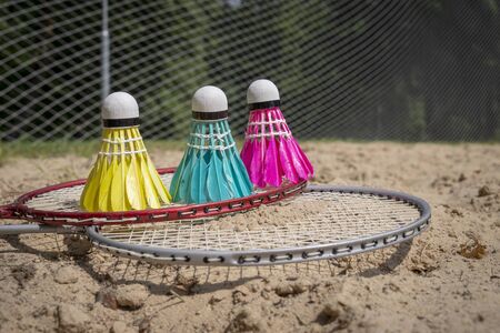 Badminton rackets and colorful feathered shuttlecocks in blue, yellow and pinkの写真素材