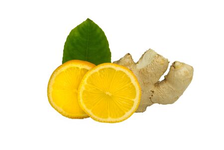 Slices of lemon and ginger root isolated on white background
