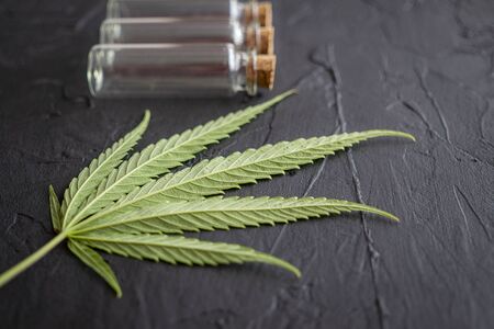 Fresh green marijuana leaf and laboratory glass vials on a black stone surfaceの写真素材