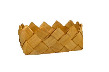 Small woven wooden container isolated on white backgroundの写真素材