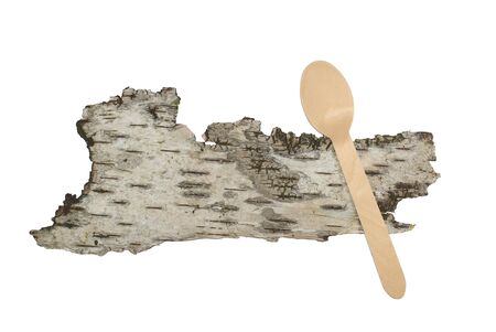 Isolated piece of wood and tree bark with wooden eating spoon, above with copy space in a protect nature conceptual imageの写真素材