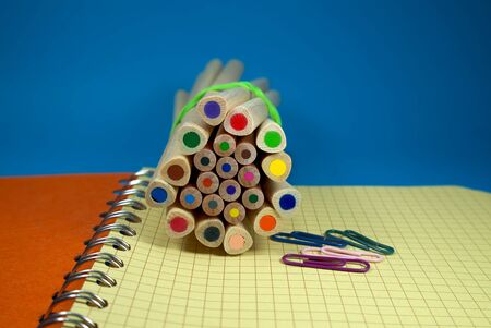 Pencil crayon and paperclips lying on wire bound open notebook ruled with squares with blue and yellow pages in a conceptual image for business or educationの写真素材