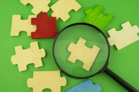 Selection of jigsaw puzzle pieces with magnifying glass on a green background with copy space...
