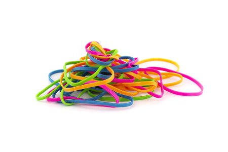 Pile of colorful rubber bands isolated on white backgroundの写真素材