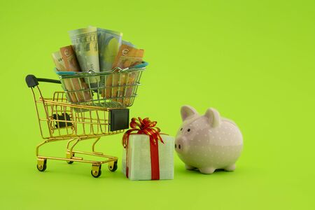 Miniature shopping cart filled with cash banknotes, next to a small gift box and ceramic piggy bank isolated on green background. Saving money for spending on gifts conceptの写真素材