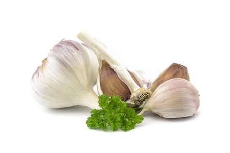 Garlic bulbs, cloves and green parsley twig in close-up isolated on white backgroundの写真素材