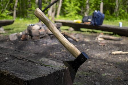 Chopper or ax stuck upright in a tree stump outdoors in a garden or woodland conceptual of an...