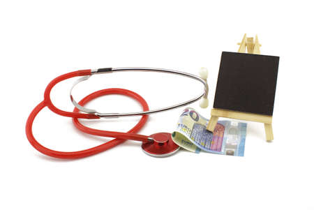 Stethoscope with euro banknotes money with copyspace over white in a concept of healthcare and...