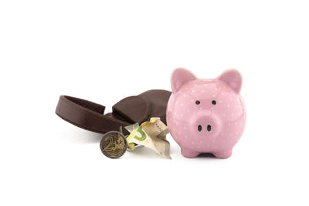 Open leather purse with crumpled banknotes, coins and cute pink piggy bank on white with copyspace for financial or savings conceptsの写真素材
