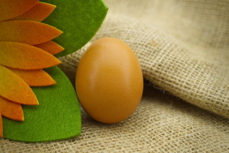 Brown raw egg on rustic hessian sack. Organic farming background with copy spaceの写真素材