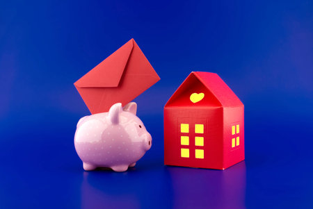 Red envelope being inserted into a cute pink piggy bank next to a small red house of paper with warm light in windows over festive blue background with copy spaceの写真素材